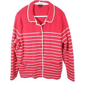 TALBOTS Pink White Striped Knit Button Up Jacket Size 2X Cotton Blend